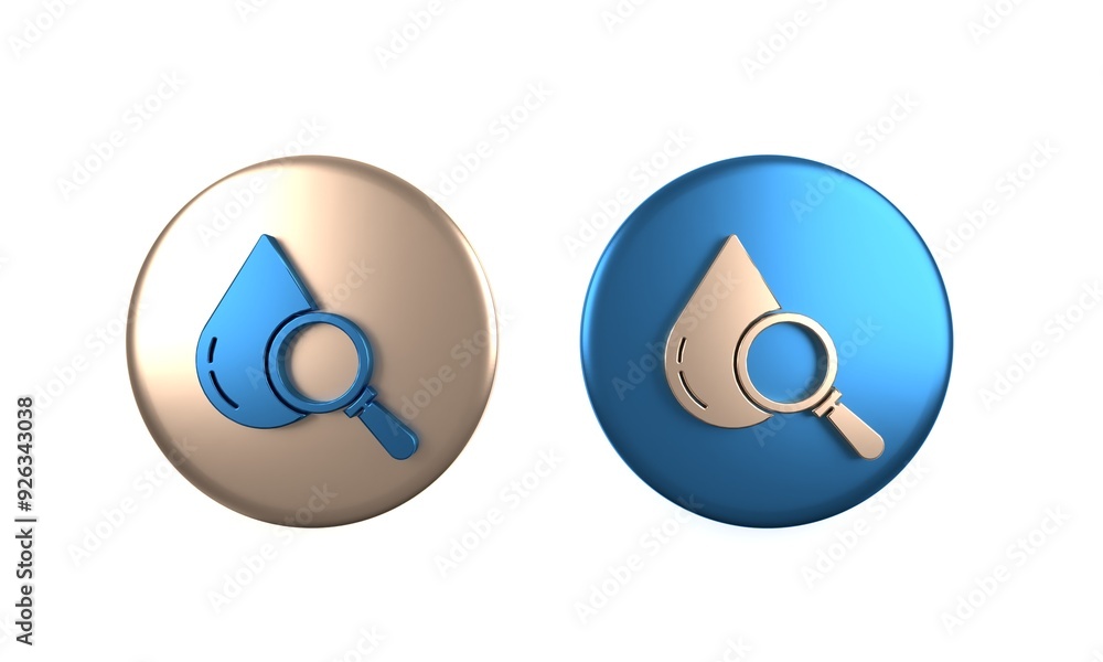 Poster colorful drop and magnifying glass icon isolated on white background. circle button. 3d render illus