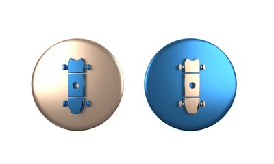 Obraz premium Colorful Longboard or skateboard cruiser icon isolated on white background. Extreme sport. Sport equipment. Circle button. 3D render illustration
