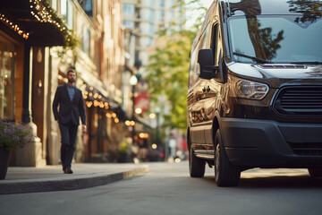 Black van parked on a quiet urban street with a man walking in the background, city transportation concept