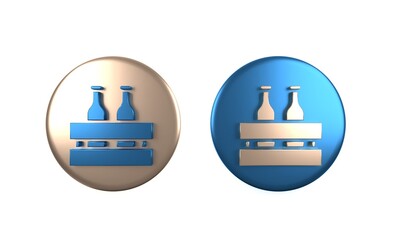Colorful Pack of beer bottles icon isolated on white background. Wooden box and beer bottles. Case crate beer box sign. Circle button. 3D render illustration