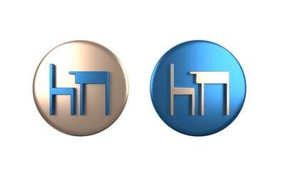 Colorful School table and chair of classroom icon isolated on white background. School desk. Circle button. 3D render illustration