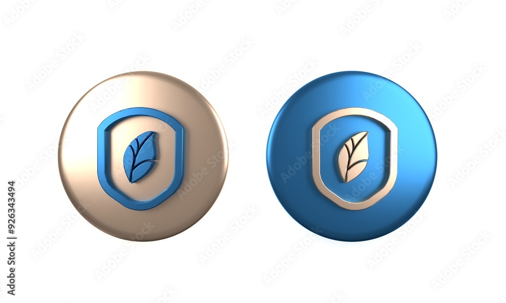 Poster Colorful Shield with leaf icon isolated on white background. Eco-friendly security shield with leaf. Circle button. 3D render illustration