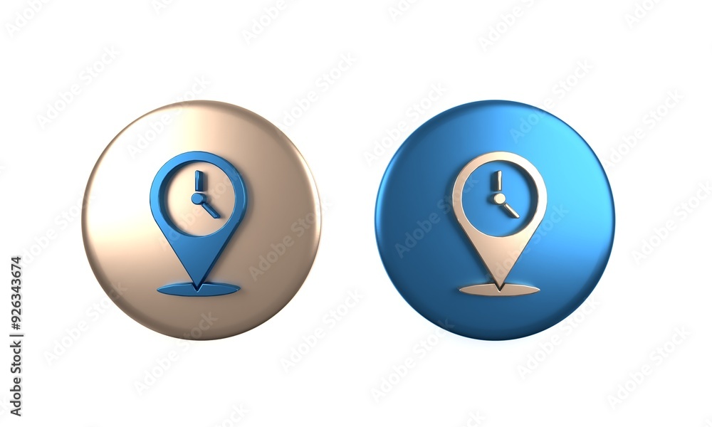 Poster colorful location with clock icon isolated on white background. circle button. 3d render illustratio