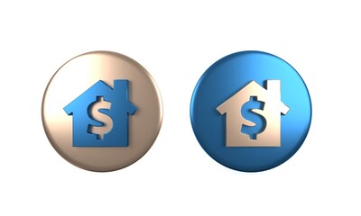 Colorful House with dollar symbol icon isolated on white background. Home and money. Real estate concept. Circle button. 3D render illustration