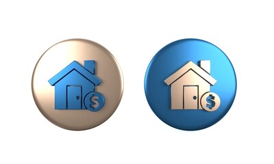 Colorful House with dollar symbol icon isolated on white background. Home and money. Real estate concept. Circle button. 3D render illustration