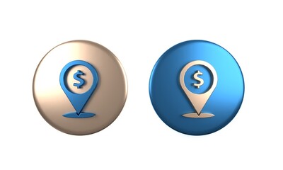 Colorful Cash location pin icon isolated on white background. Pointer and dollar symbol. Money location. Business and investment concept. Circle button. 3D render illustration