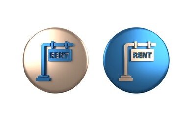 Colorful Hanging sign with text Rent icon isolated on white background. Signboard with text For Rent. Circle button. 3D render illustration