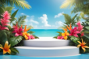 Obraz premium Smooth white podium surrounded by vibrant tropical flowers and leaves, set against a bright blue sky background, perfect for summer or vacation-themed products. Made with generative AI technology