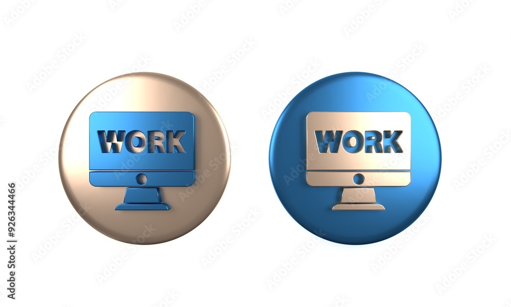 Poster colorful computer monitor with text work icon isolated on white background. circle button. 3d render