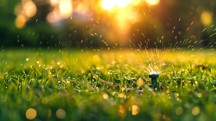 Naklejka premium Close up of water sprinkler irrigation grassland lawn in summer days at sunset. Generative AI