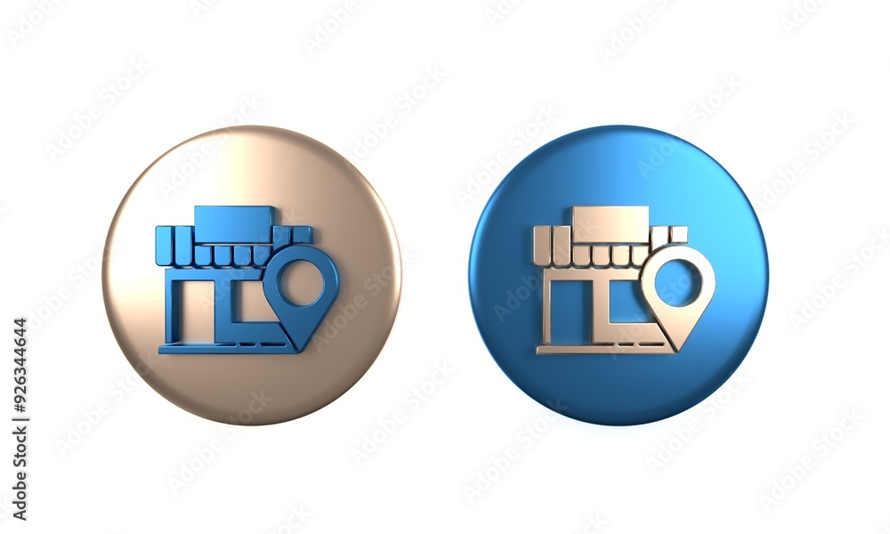 Poster colorful location with store icon isolated on white background. circle button. 3d render illustratio