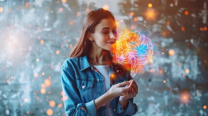 Woman Engaging with Colorful Digital Brain Hologram Symbolizing Emotional Intelligence in Marketing