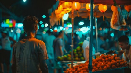 Street Food Vendor Engaging with Customers at Vibrant Night Market.
