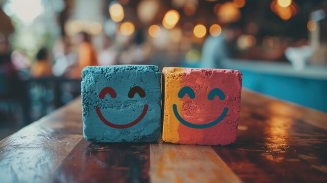 Colorful Smiling Blocks on Wooden Table in Cafe Setting Illustrating Happiness and Emotional Intelligence in Marketing