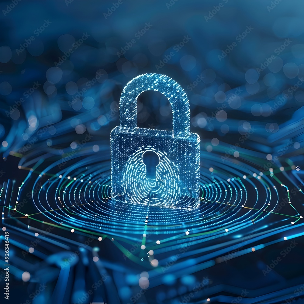 Poster padlock icon with digital fingerprint and shield symbolizing biometric security