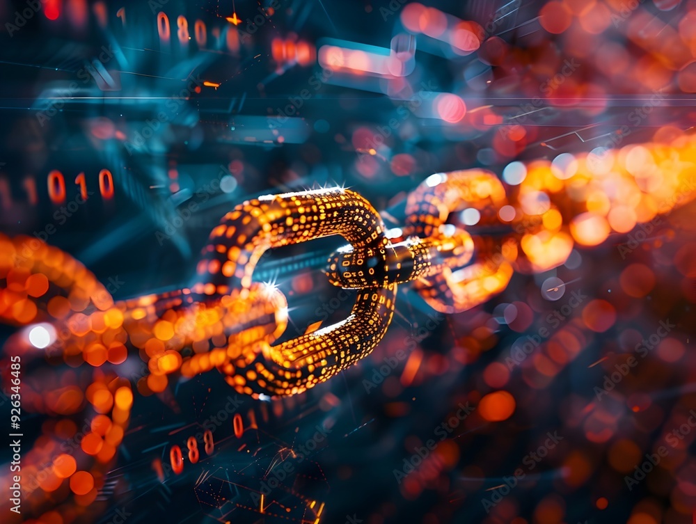 Poster padlock icon chained against digital data streams technology cybersecurity concept