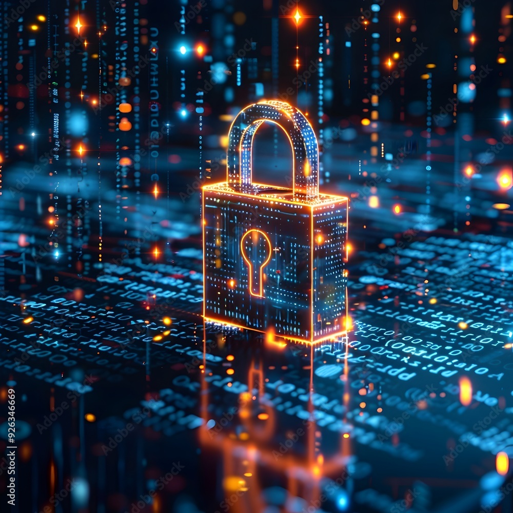 Poster holographic padlock icon against digital code background representing cybersecurity and data protect