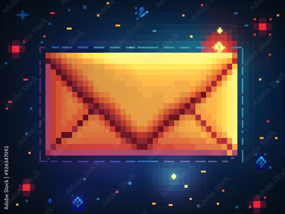 Poster pixel art e mail icon with retro envelope design in 8 bit game background
