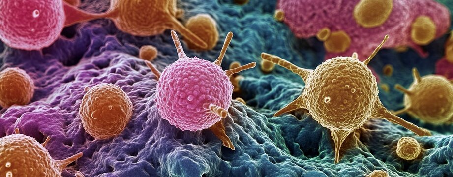 Microscopic image of cancer cells, with a focus on abnormal cell structures and highlighting differences from healthy cells, using accurate color coding and detailed textures, clear light, realistic
