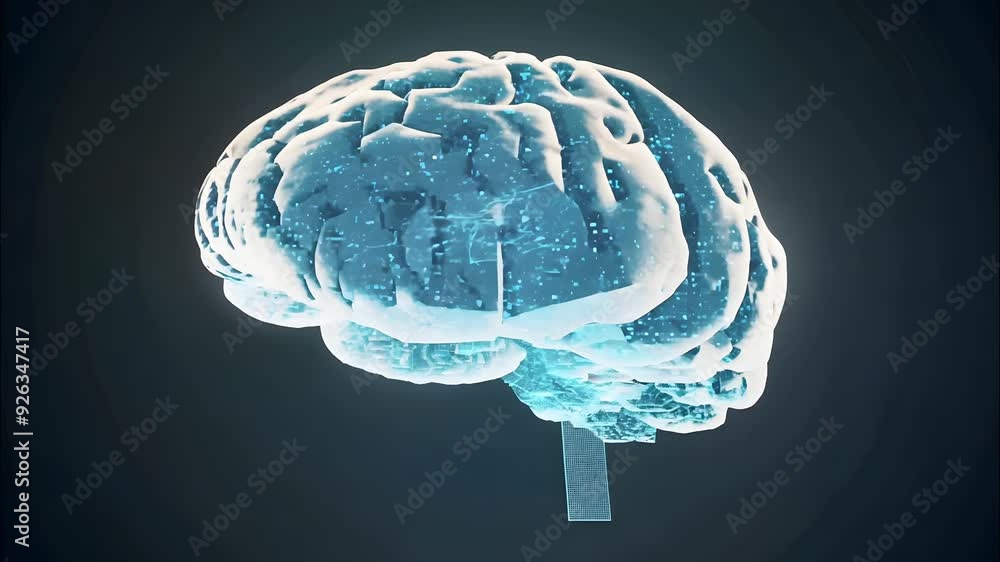 Poster spinning futuristic digital representation of a human brain illuminated with blue light and intricat
