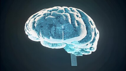 Spinning futuristic digital representation of a human brain illuminated with blue light and intricate patterns showcasing neural connections - Powered by Adobe