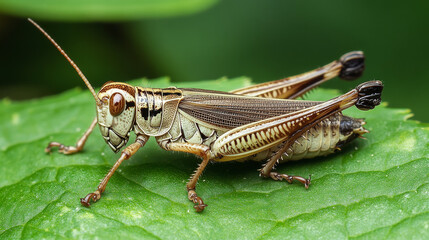 A grasshopper from Japan, the Japanese Rice Field Glasshopper, is seen resting on a green leaf. --ar 16:9 --v 6.1 Job ID: cc25a121-003a-4c60-acc2-6d3405b45f08