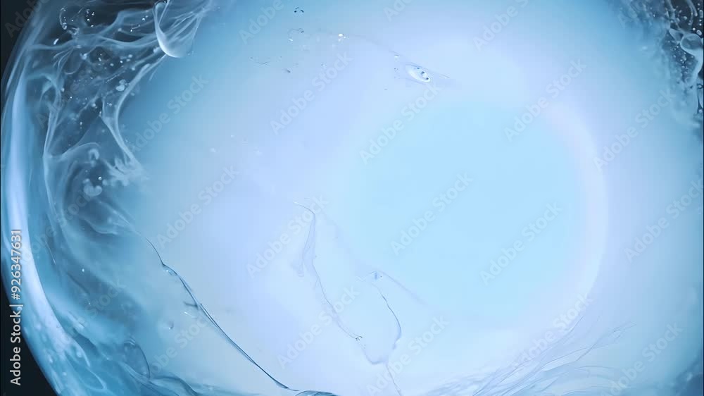 Poster translucent blue liquid forms swirling patterns in a clear glass bowl, creating an artistic display 
