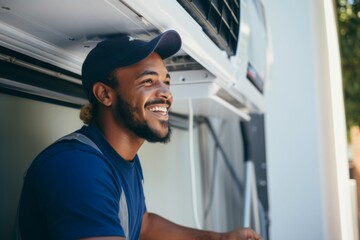 Smiling young technician working on air control unit