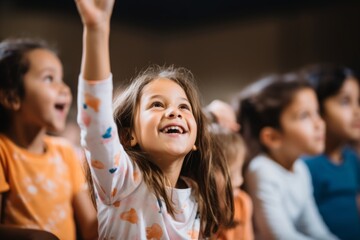 Fototapeta premium Young girl raising hand in elementary school classroom