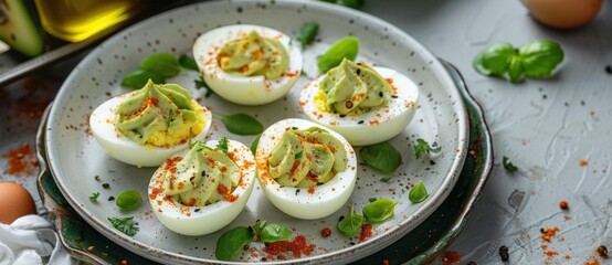 Delicious deviled eggs with creamy avocado filling garnished with spices and herbs on a decorative plate