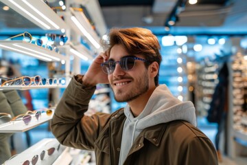 Young man trying glasses in a optics store