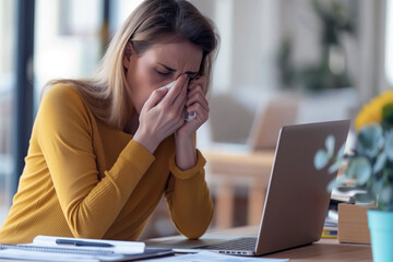 Woman sitting at her desk, coughing into her hand while looking visibly unwell, with a laptop and work documents in front of her.