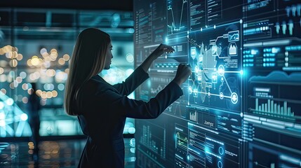 A project manager organizing tasks on a digital project management board with team members in the background. 