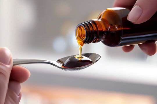 Close-up of pouring cough syrup from a bottle into spoon, to take medication to alleviate cough.