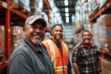 Group portrait of diverse middle aged warehouse workers
