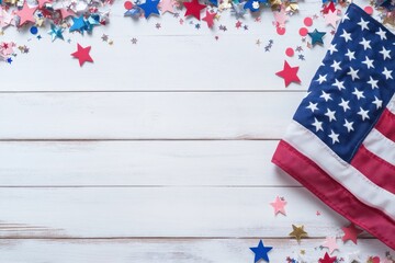 American Flag with Stars and Confetti on White Wood