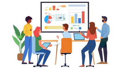 An entrepreneur presenting a new project idea to a small team with charts and graphs on a monitor. 