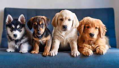 Different colored puppies golden retriever, dachshund, husky , sitting beside each other on row on the couch at home
