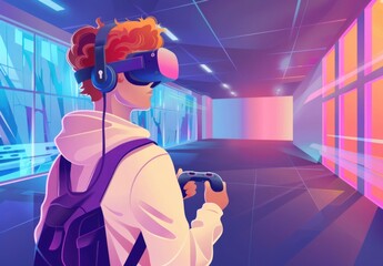 A person enjoying virtual reality gaming in a futuristic arcade with colorful neon lights