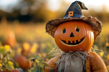 Fototapeta premium Close-up of a smiling pumpkin scarecrow in a pumpkin patch, symbolizing autumn harvest and festive Halloween decoration