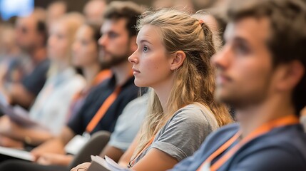 A young woman with long blonde hair sits in a lecture hall, listening intently. The person next to her also listens, while others in the room are out of focus.