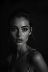 Fototapeta premium Timeless Black-and-White Portrait of a Beautiful Woman in Soft, Moody Lighting with Vintage Film Photography Inspiration