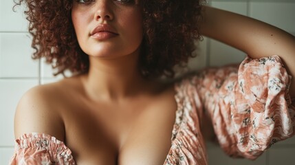 A woman dressed in a floral patterned outfit striking a pose against a white tiled wall, capturing a moment of grace and charm in casual settings.
