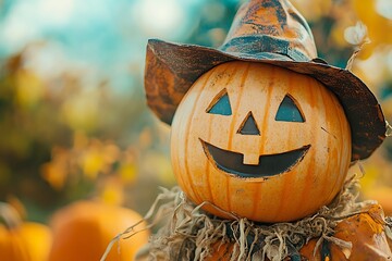 Fototapeta premium Close-up of a smiling pumpkin scarecrow in a pumpkin patch, symbolizing autumn harvest and festive Halloween decoration