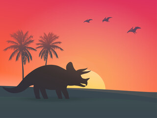 dinosaur, triceratops at sunset vector illustration © nexusby