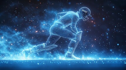 Digital blue low poly cricket player with glowing data streams AI in sports analytics, player performance tracking systems, match prediction algorithms, and training programs. wireframe player design