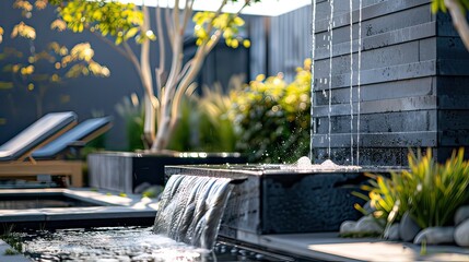 Modern minimalist garden fountain with a sleek design and clean lines in a contemporary backyard. 