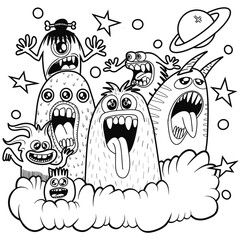 Hand-drawn illustrations, monsters doodle, Hand Drawn cartoon monster illustration,Cartoon crowd doodle hand-drawn Doodle style.black and white stripes coloring  book.
