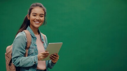A young woman with a backpack happily interacts with a tablet in a bright, green environment