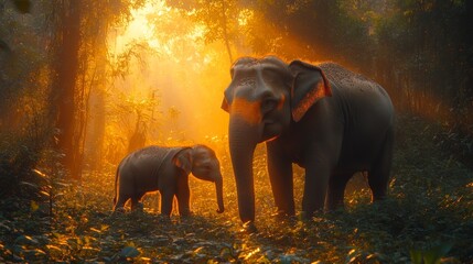 Asia Elephant and baby elephant in the forest at sunset 